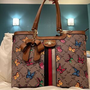 American Bee Butterflies & Bees Tote Beige Checkered Pattern & Tan Trim NWOT